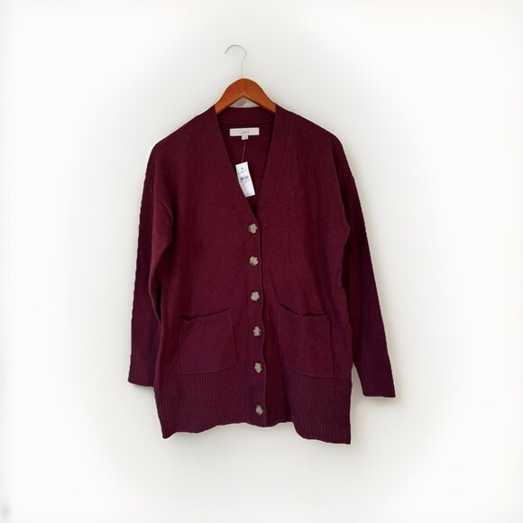 LOFT Burgundy V Neck Cardigan Size Small Cotton Blend New Heavyweight - Picture 1 of 9